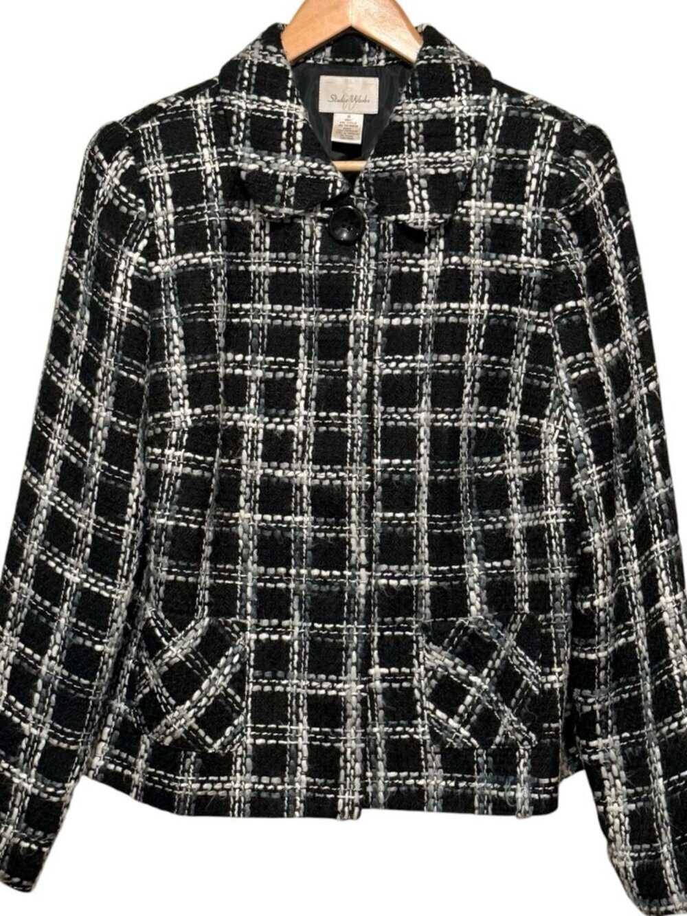 Studio Works Sz 14 Black White Plaid Tweed Concealed Button Blazer Jacket Career